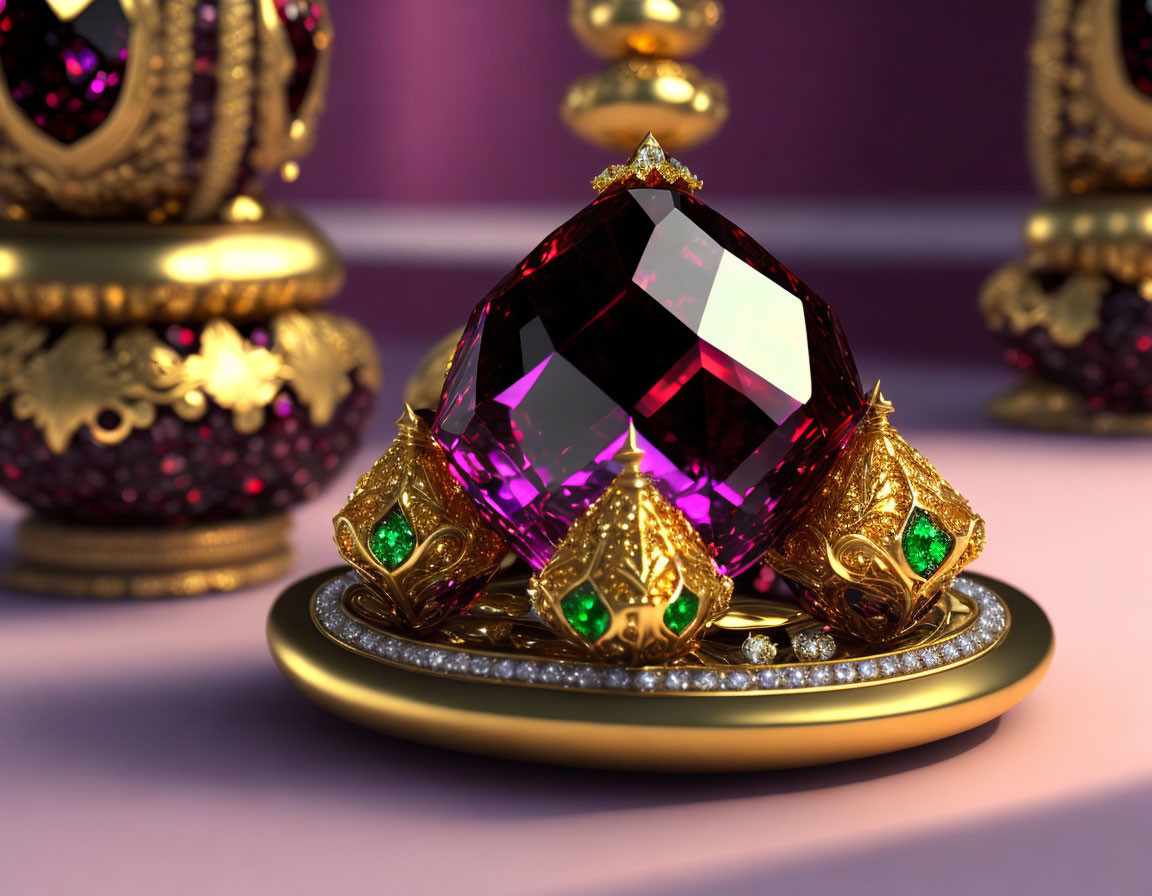 Faceted Ruby Gemstone on Golden Stand with Green Gemstones and Diamonds