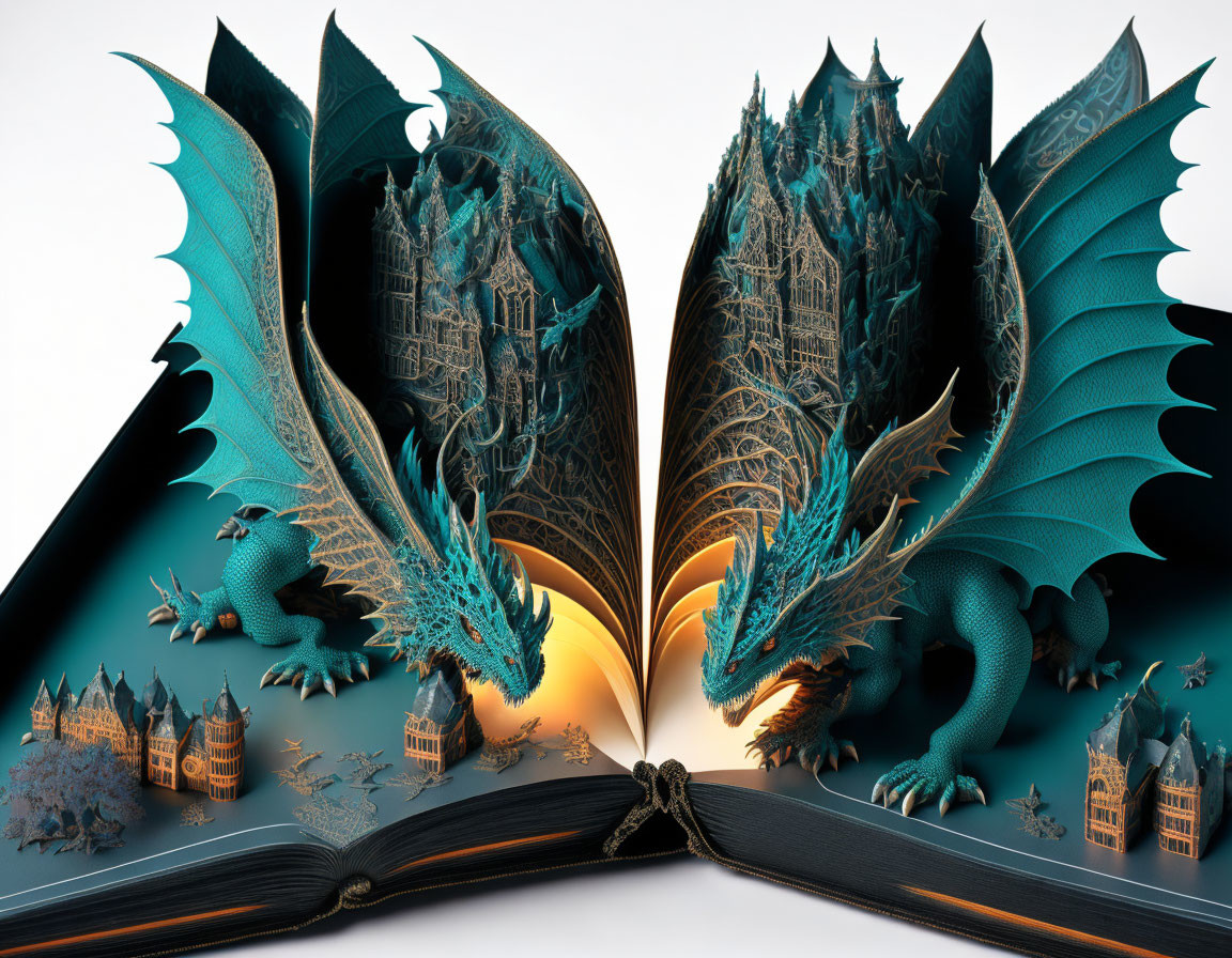 Elaborate 3D illustrations of two blue dragons with medieval castles.