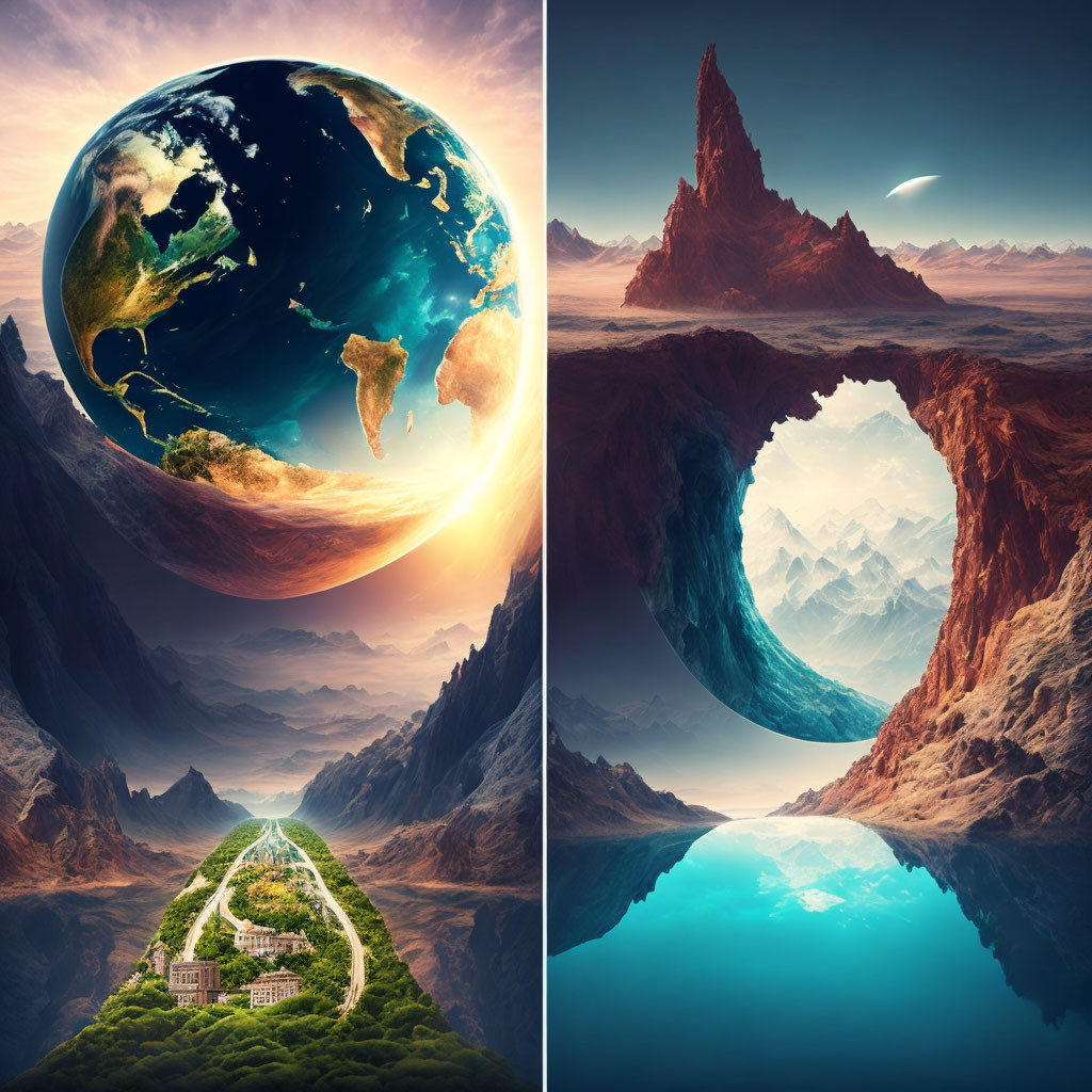 Surreal landscapes collage with oversized Earth, mountain archway, pathway to classical structure, underwater view