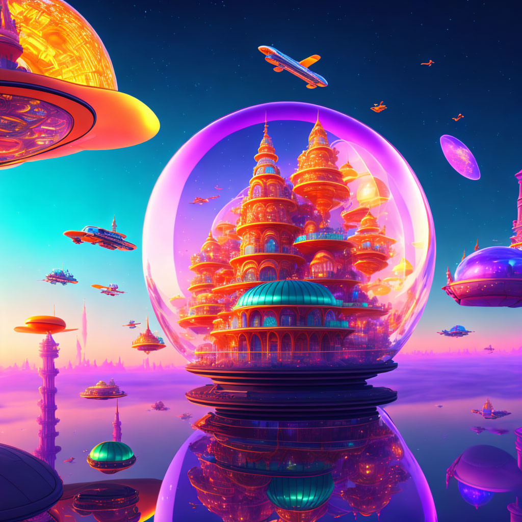 Futuristic sci-fi cityscape with bubble-enclosed buildings and flying vehicles