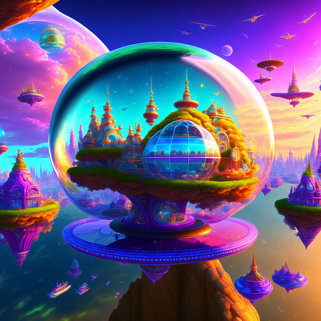 Fantastical digital artwork: Vibrant floating cities, ornate buildings, and alien sky.