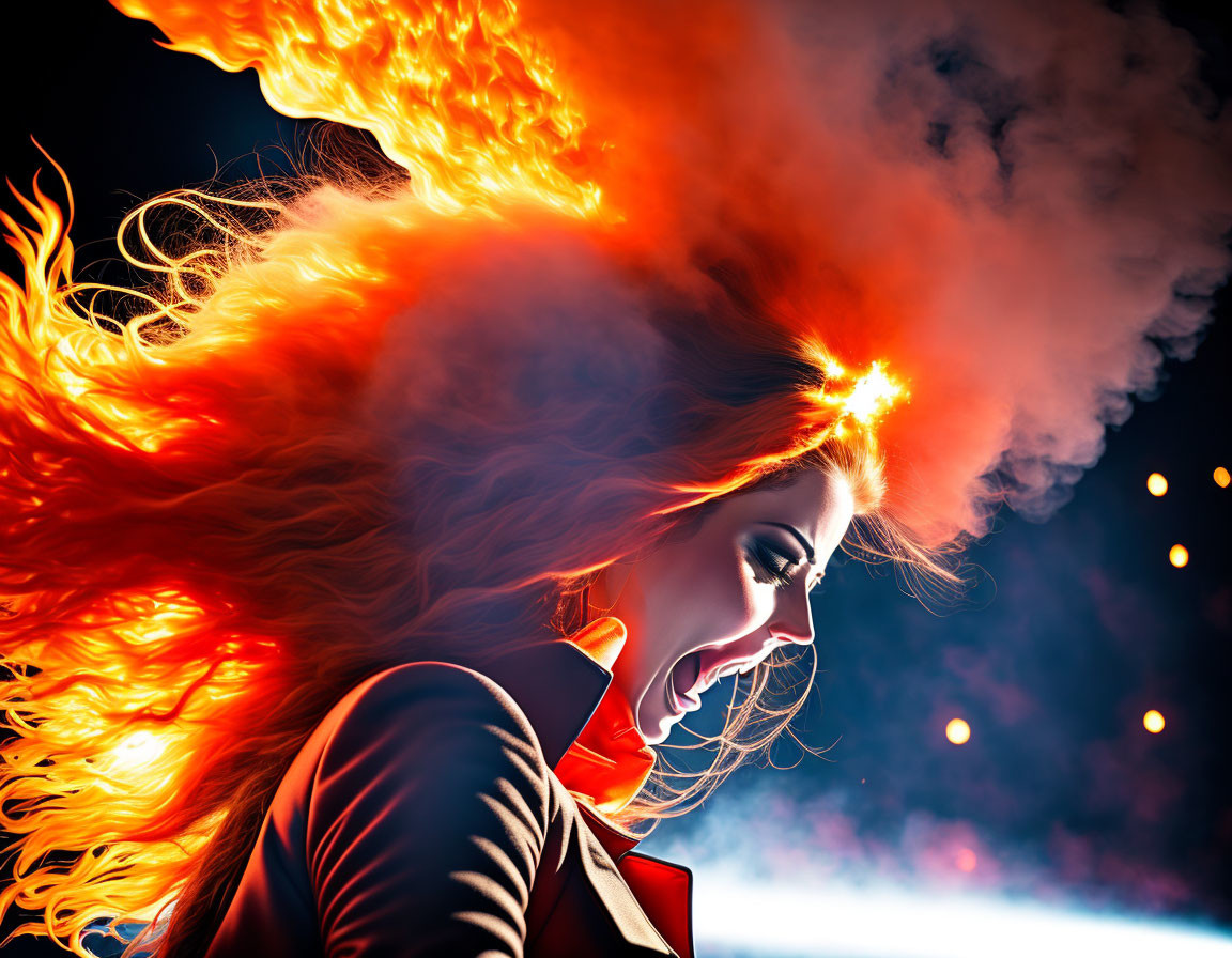 Fiery-Haired Woman Illustration on Dark Background