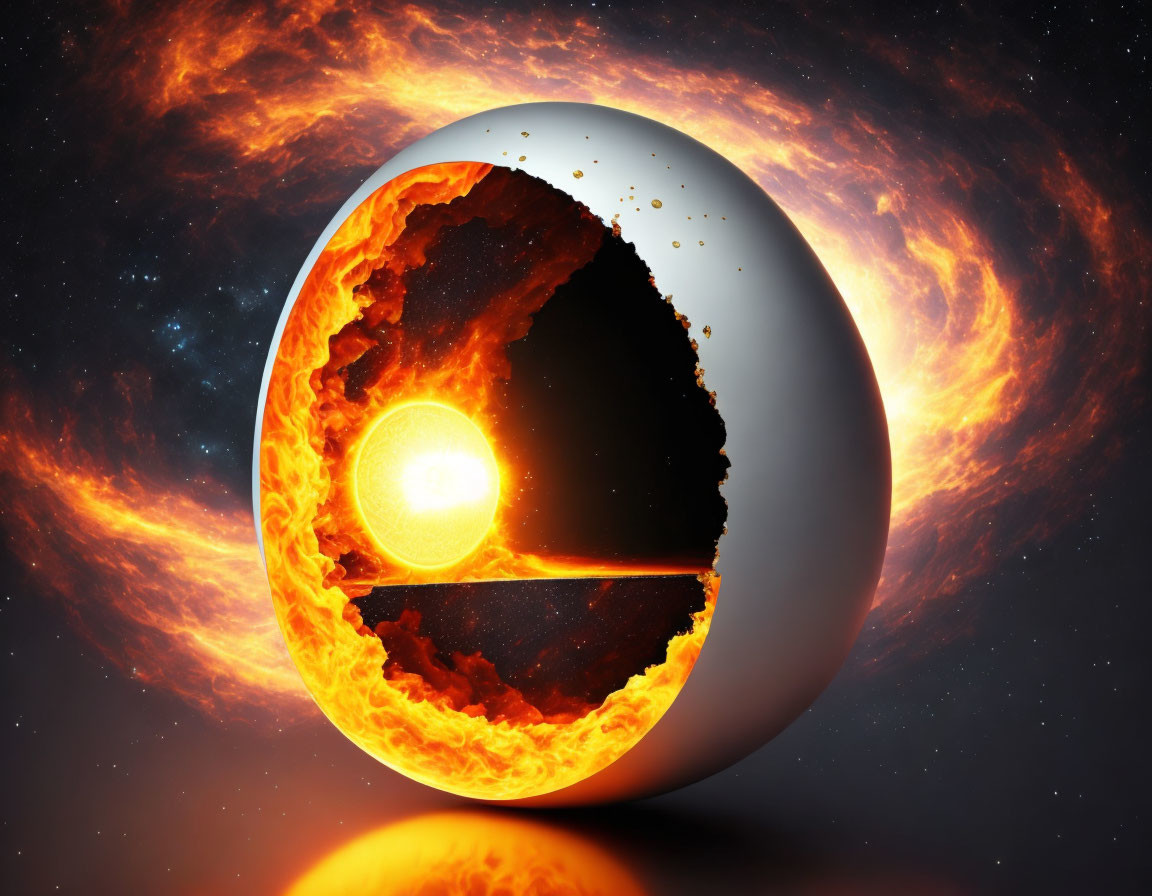 Digital artwork: Split spherical object with fiery magma and space backdrop