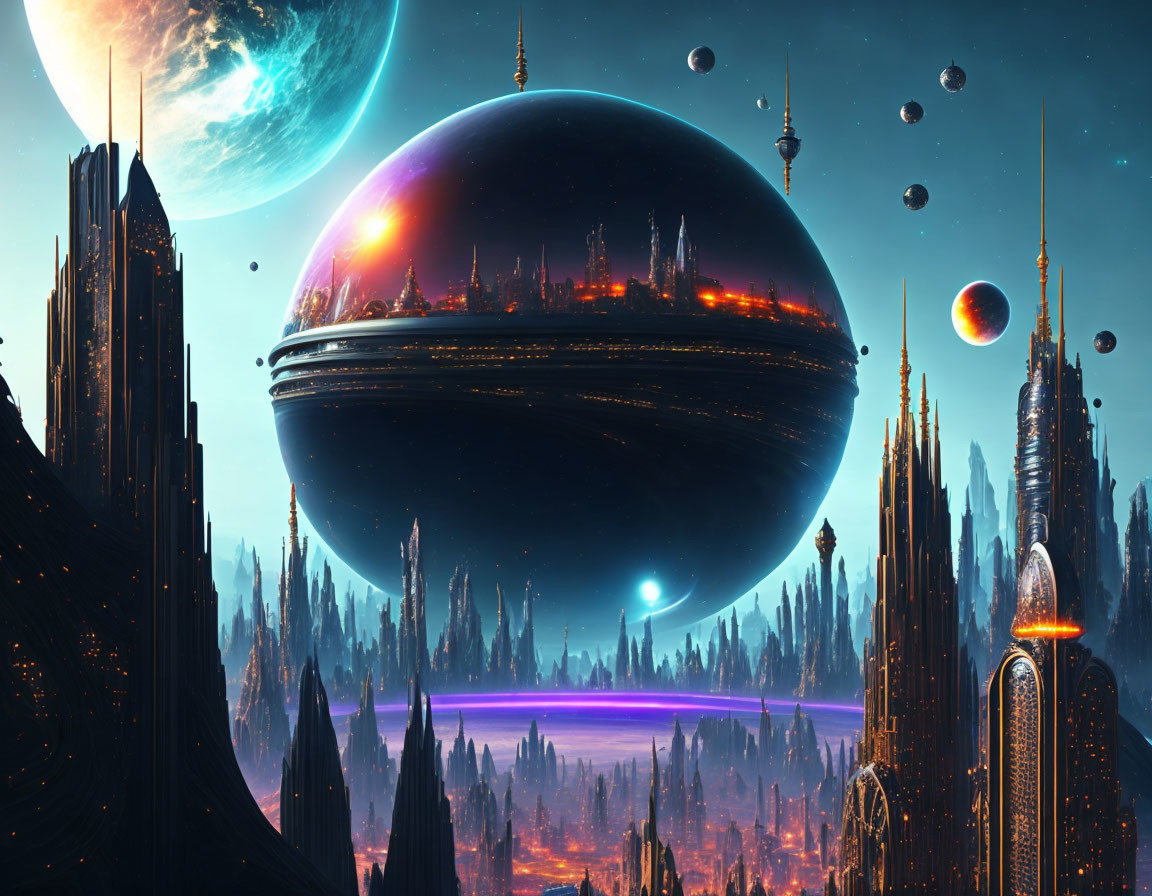 Futuristic cityscape with tall spires under starry sky and celestial bodies