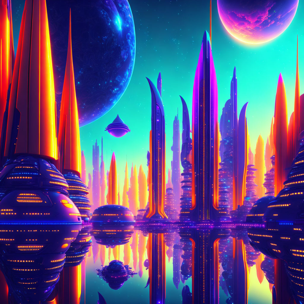 Futuristic neon-lit cityscape with flying saucer and planets