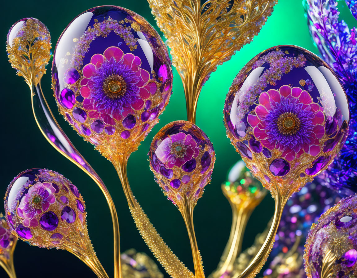 Colorful fractal art with floral patterns in purple and gold on dark green.