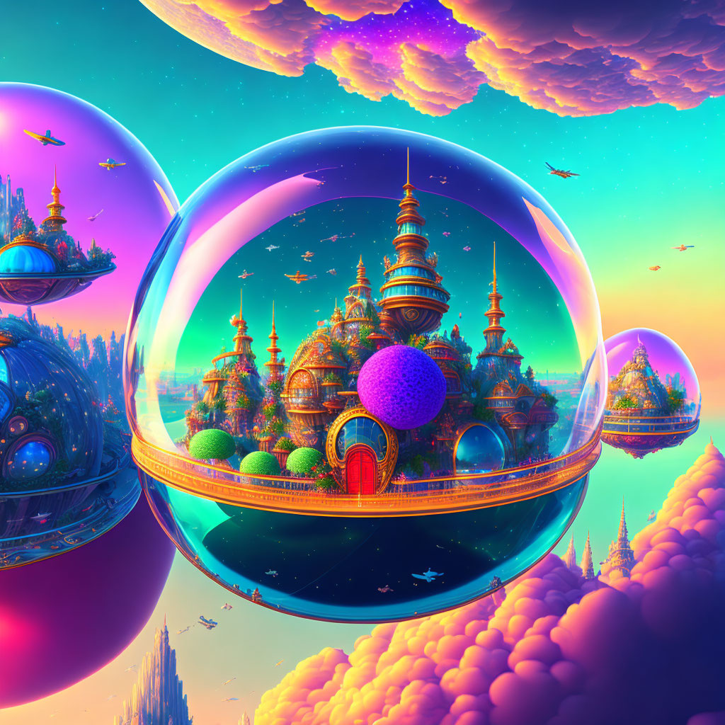 Fantasy landscape with floating spheres and ornate buildings under colorful sky