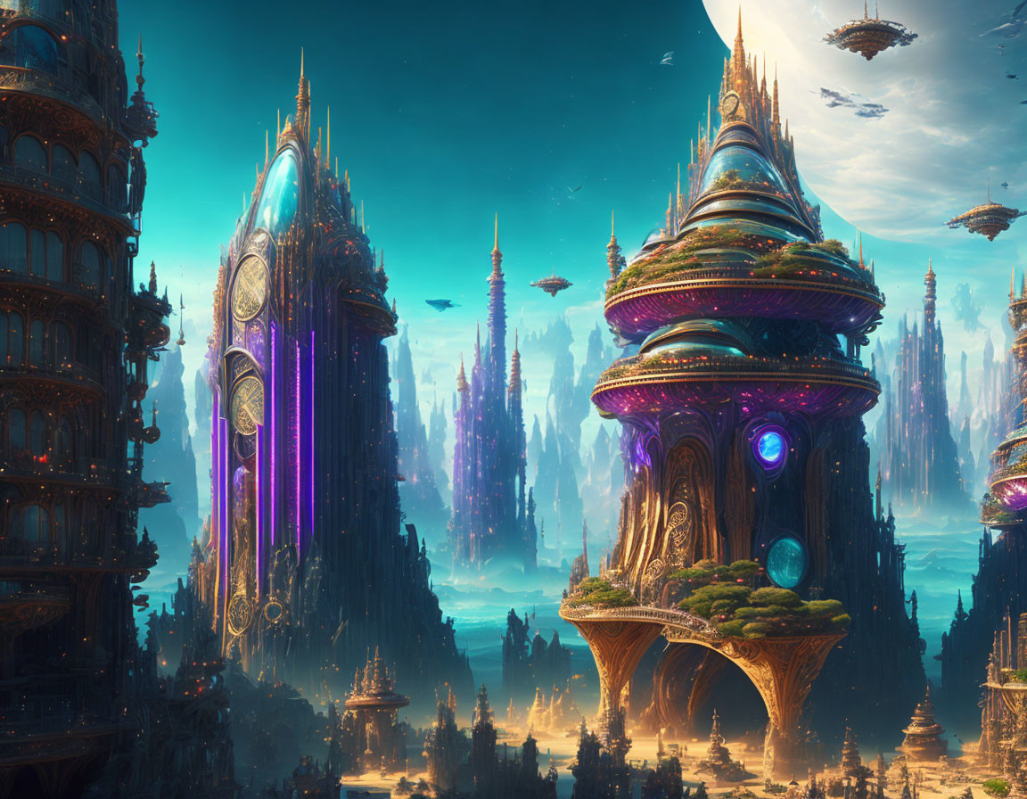 Futuristic cityscape with towering spires and flying vehicles at dawn/dusk