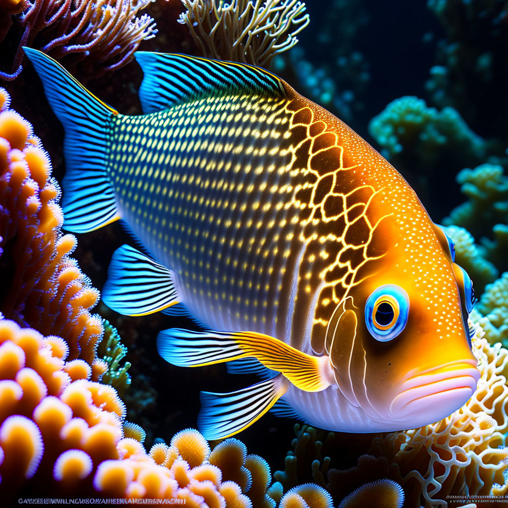 Colorful orange fish with white dots and stripes near coral in clear blue water