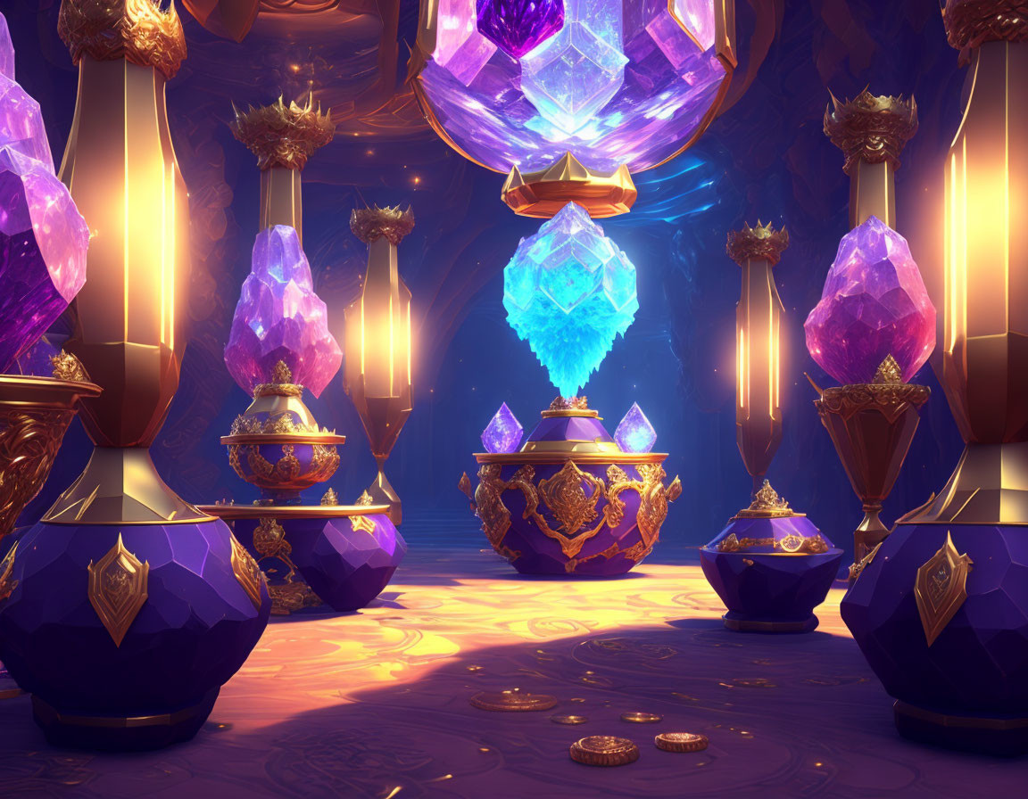 Golden Pillars and Floating Crystals in a Fantastical Room