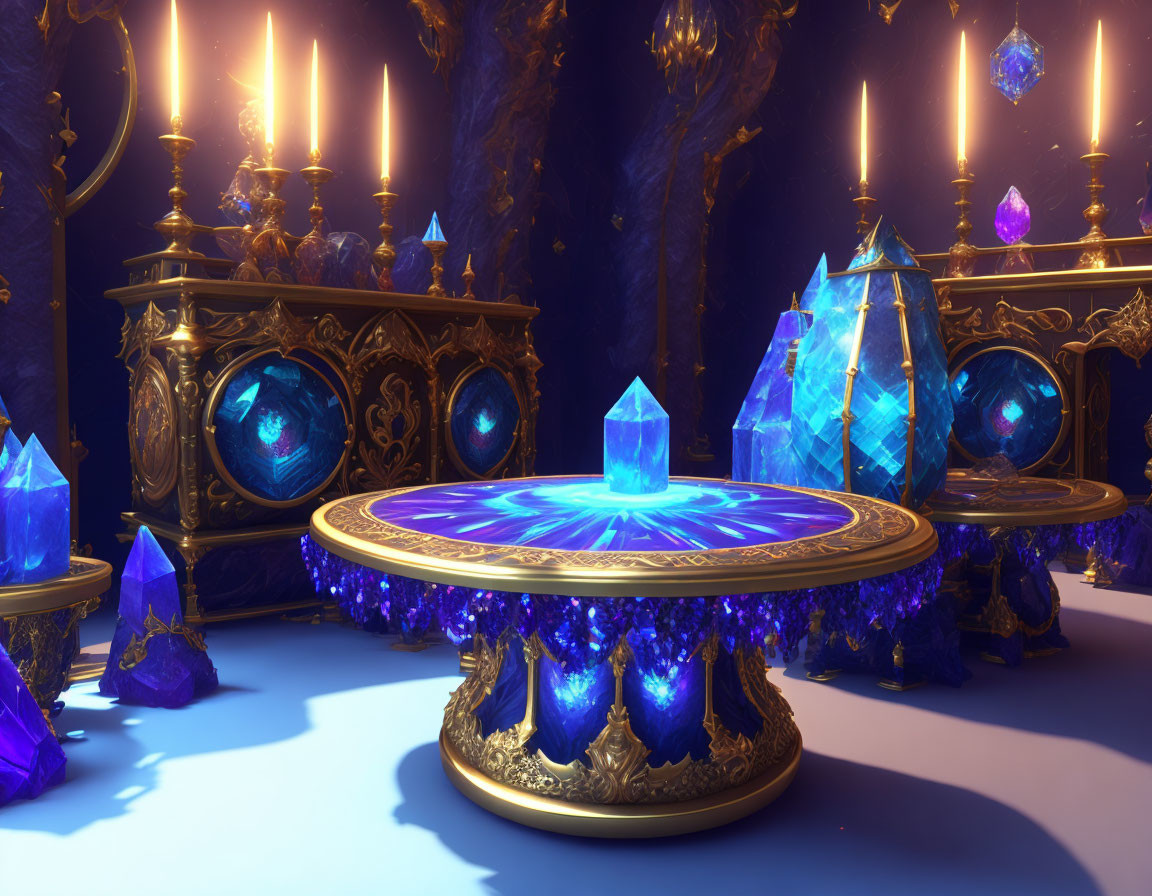 Mystical room with golden furniture and purple crystals around central blue crystal