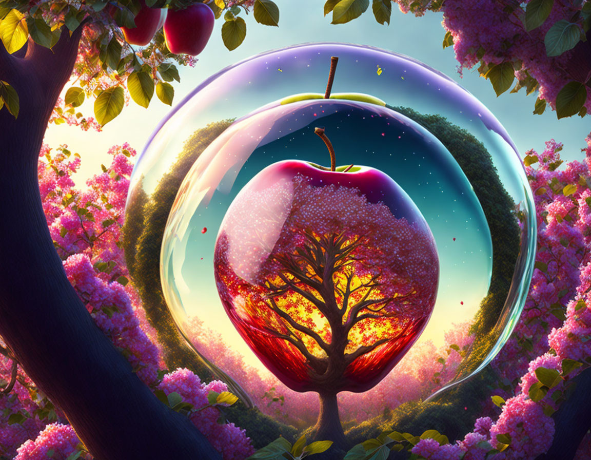 Surreal apple with blossoming tree in cosmic bubble among pink flowers