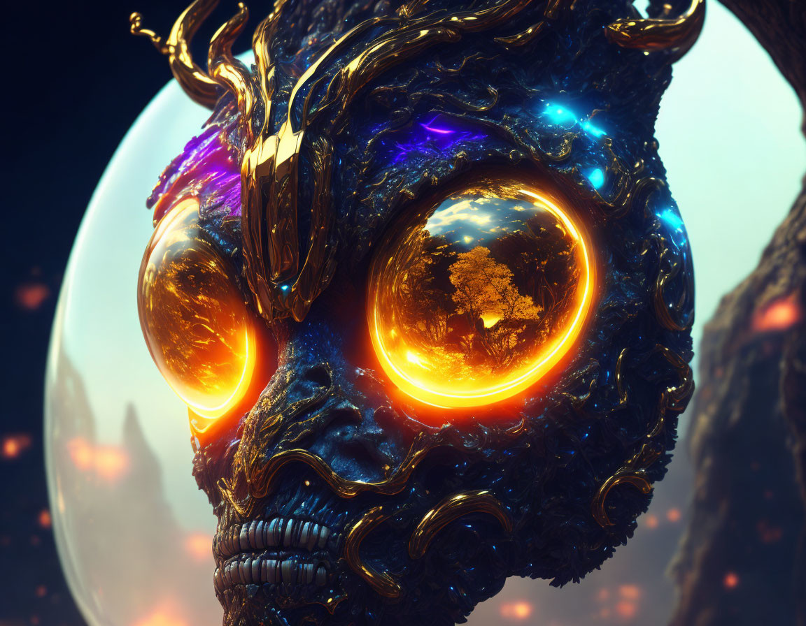 Colorful surreal digital artwork: Skull with glowing orange eyes and gold details, moon backdrop.