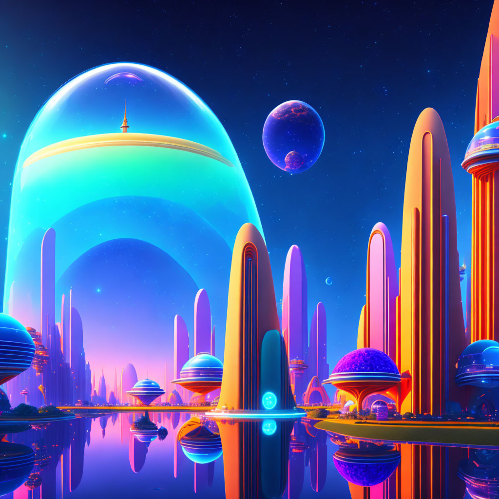 Futuristic cityscape at dusk with glowing dome and starry sky