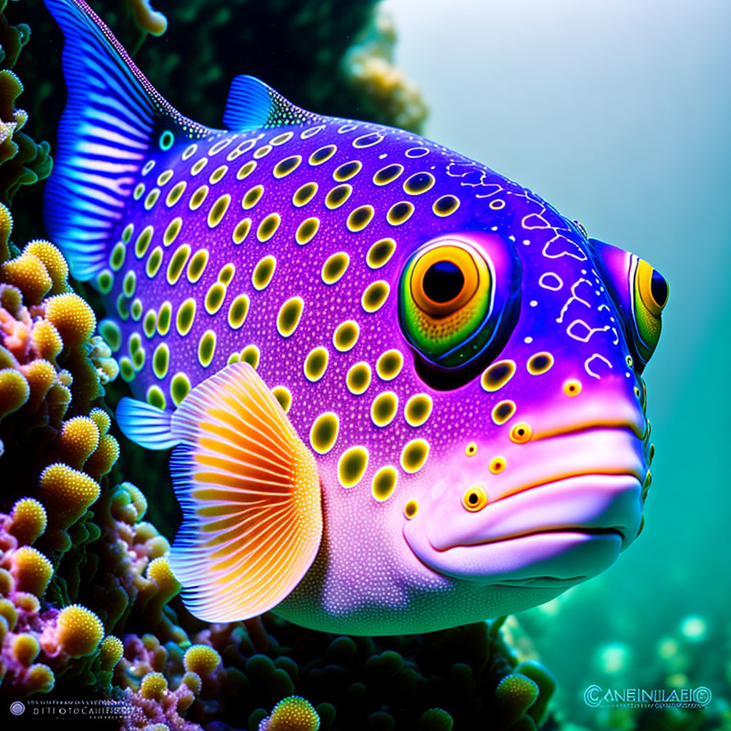 Colorful Tropical Fish Swimming Near Coral with Yellow Spots and Blue Gradients