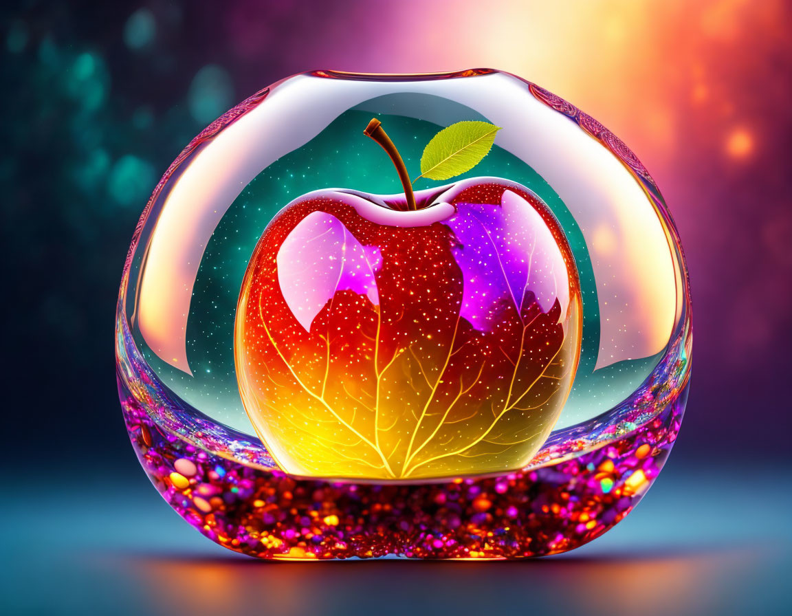 Colorful Digital Artwork: Red Apple in Translucent Bubble on Bokeh Background