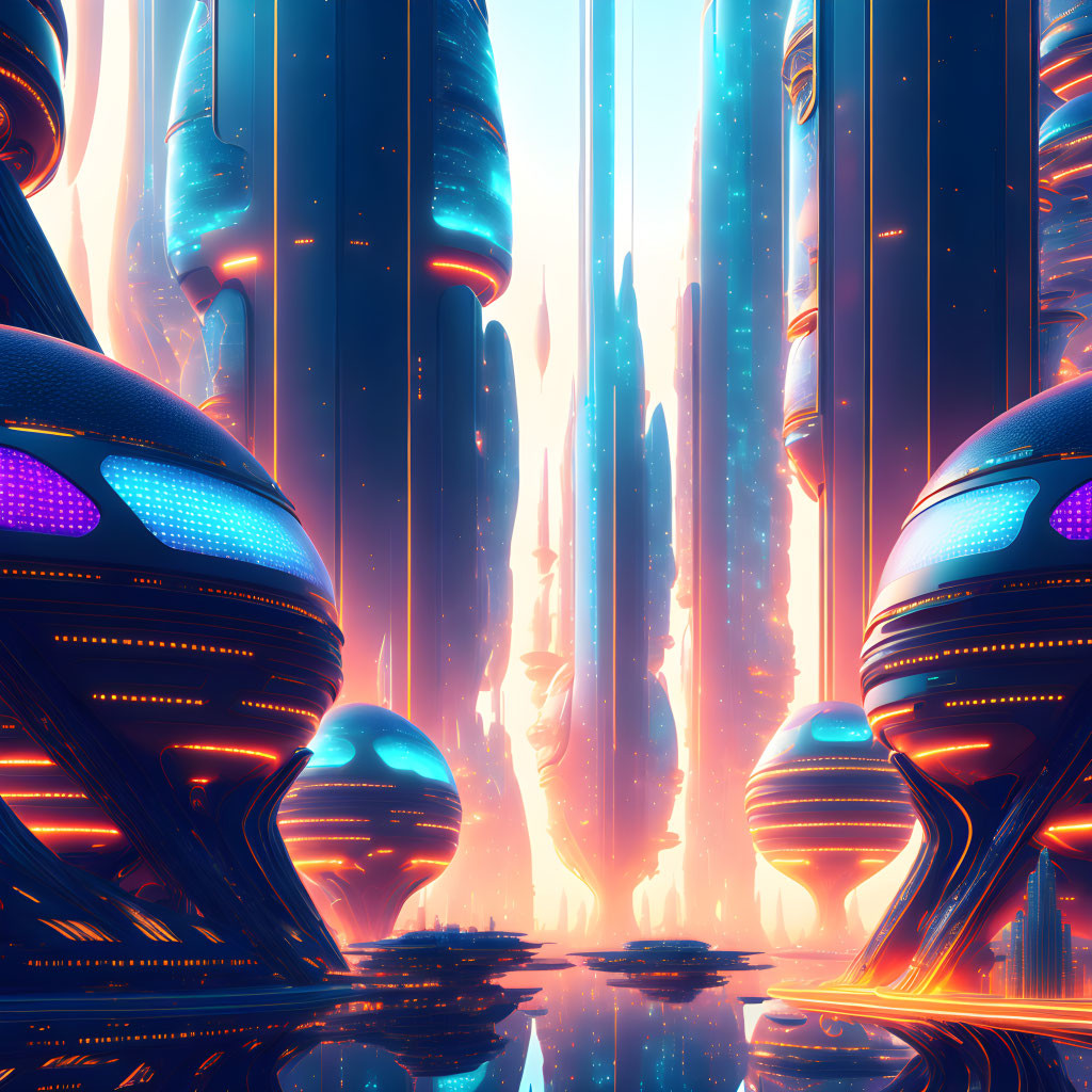 Futuristic neon-lit cityscape with flying vehicles at sunrise or sunset