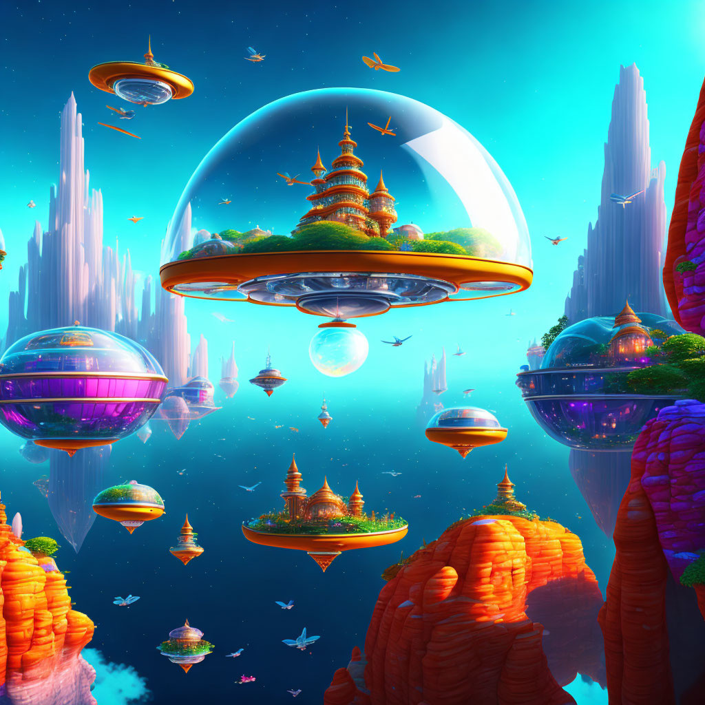 Futuristic sci-fi scene with floating cities and flying vehicles