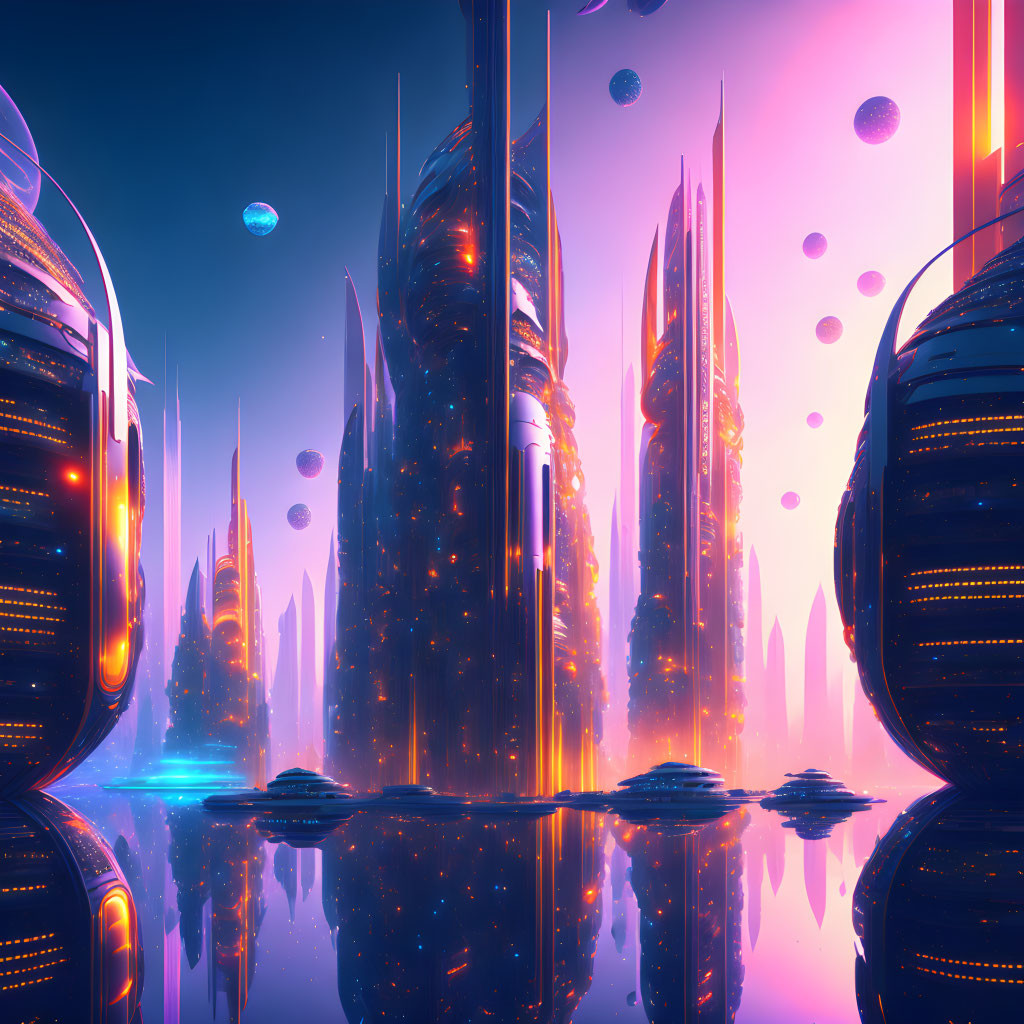 Futuristic cityscape with neon-lit skyscrapers at dusk