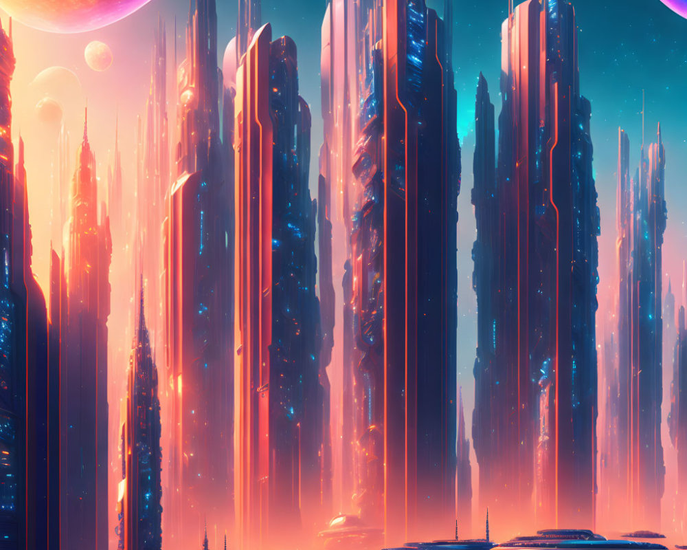 Futuristic sci-fi cityscape with skyscrapers and flying vehicles