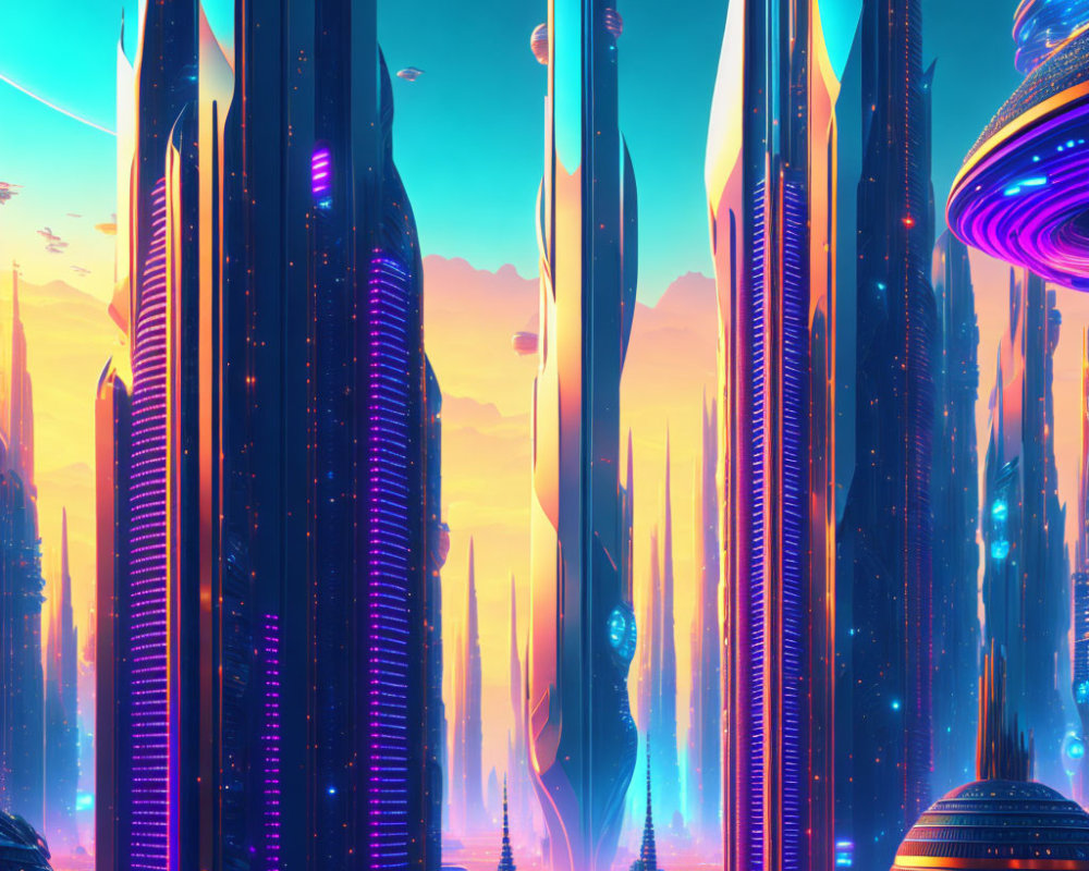 Futuristic cityscape with neon-lit skyscrapers and flying vehicles at sunset