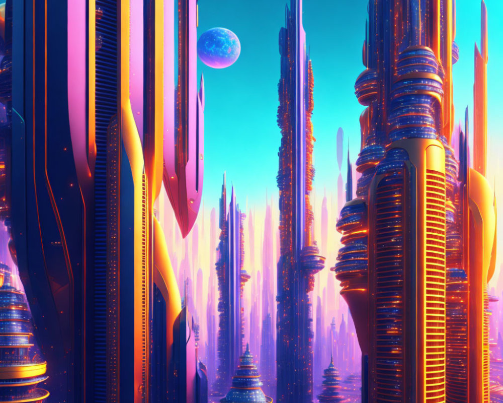 Futuristic city skyline under colorful moonlit sky