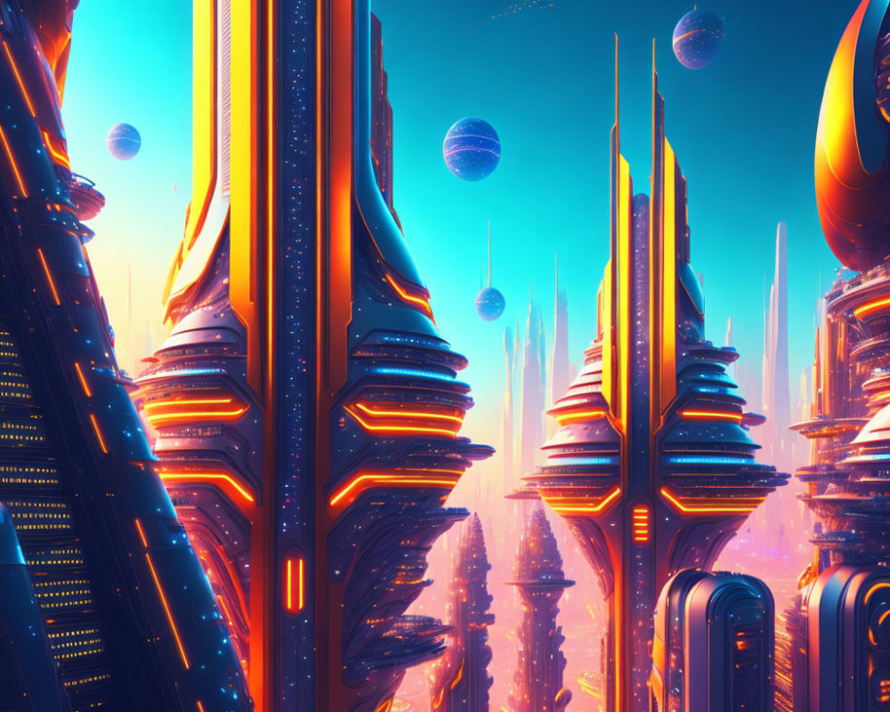 Futuristic cityscape with neon-lit towers and floating orbs