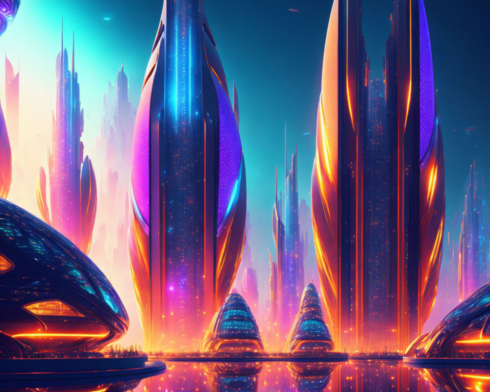 Futuristic cityscape with neon-lit towers at twilight