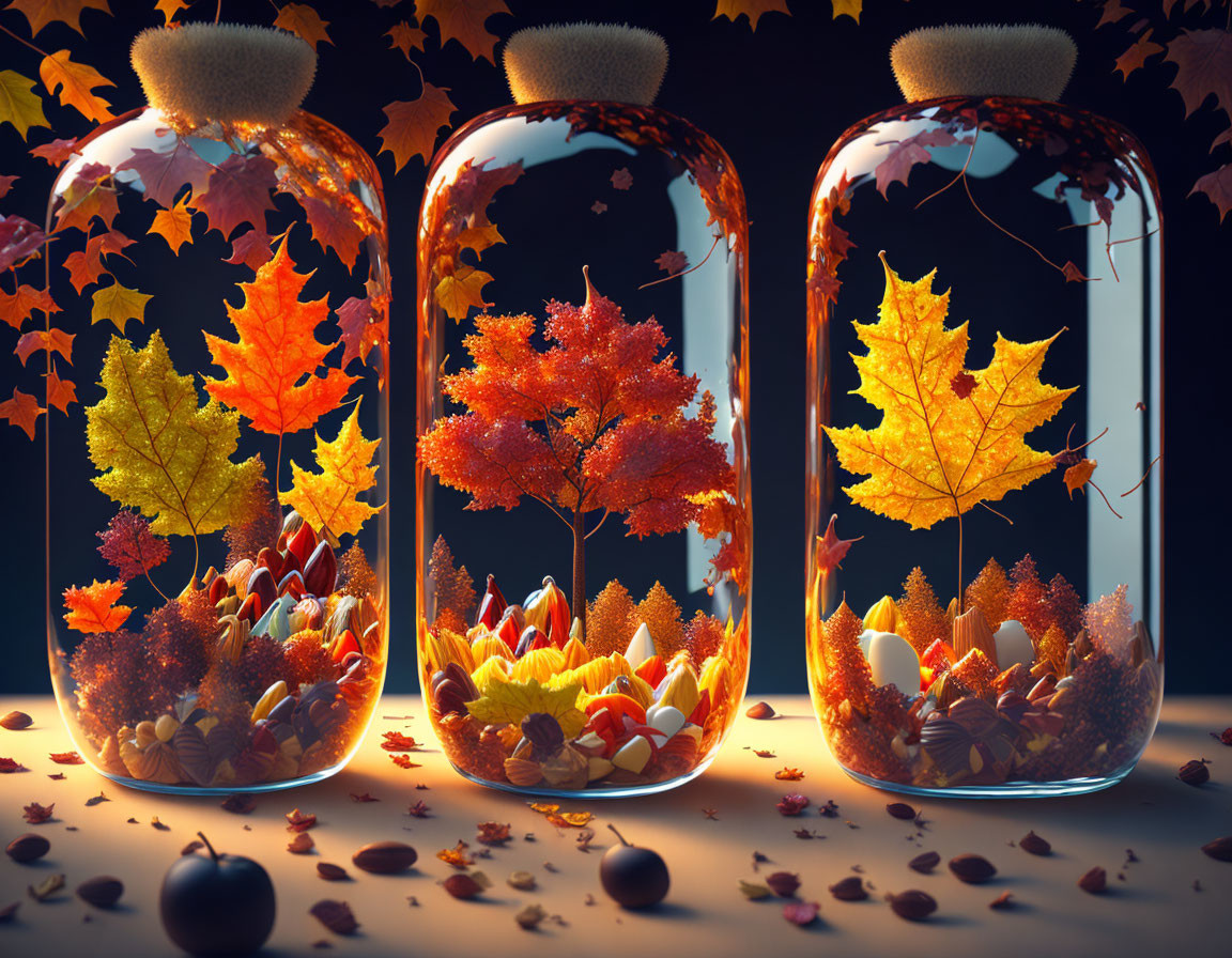 Miniature Autumnal Scenes in Glass Jars on Dark Background