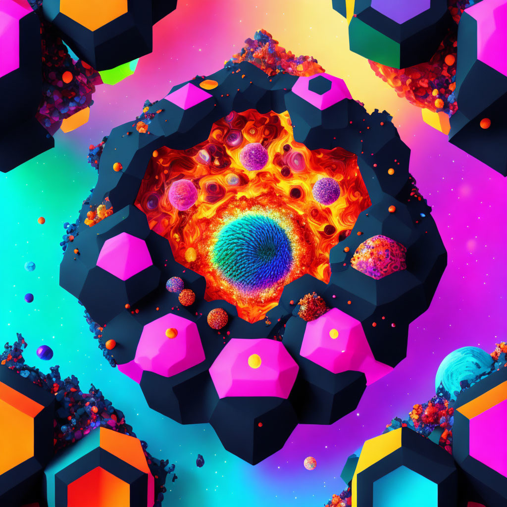 Colorful Hexagonal Landscape with Glowing Fiery Pit