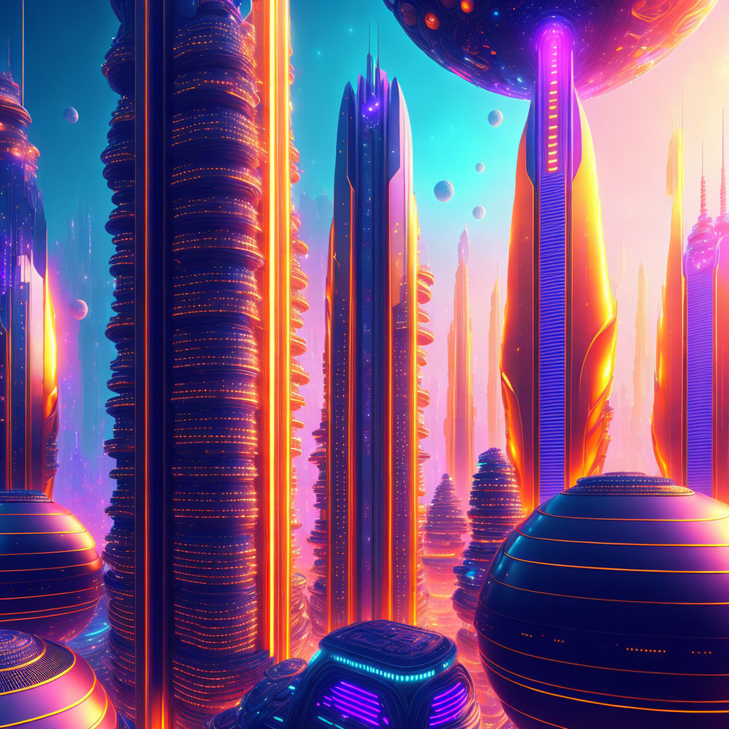 Futuristic cityscape with neon skyscrapers at twilight