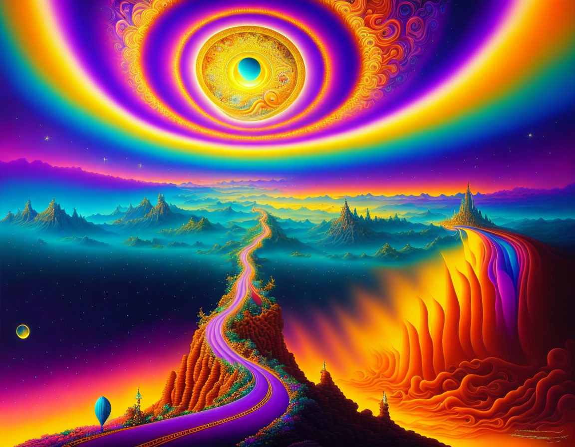 Colorful Psychedelic Landscape with Winding Path through Mountains