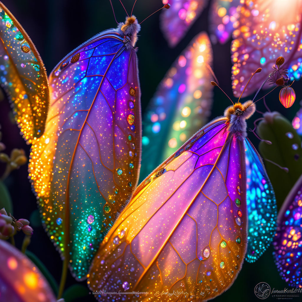 Colorful Butterflies with Sparkling Wings on Flowers in Dark Setting