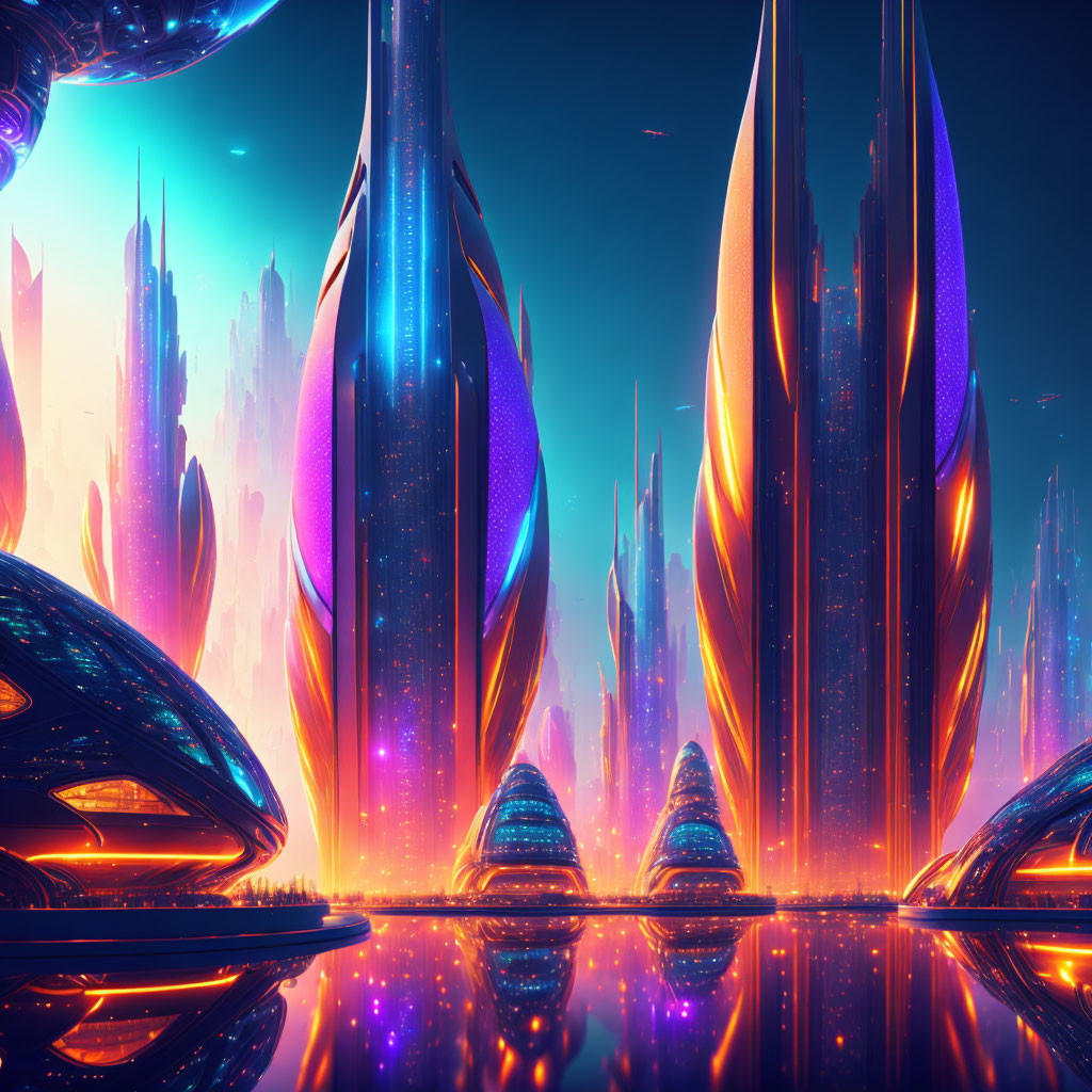 Futuristic cityscape with neon-lit towers at twilight