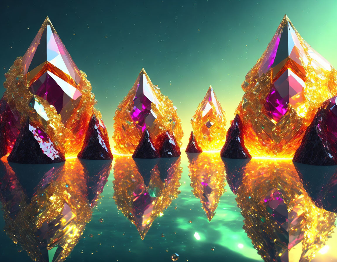 Glowing crystalline pyramids with fiery bases on glassy surface at twilight