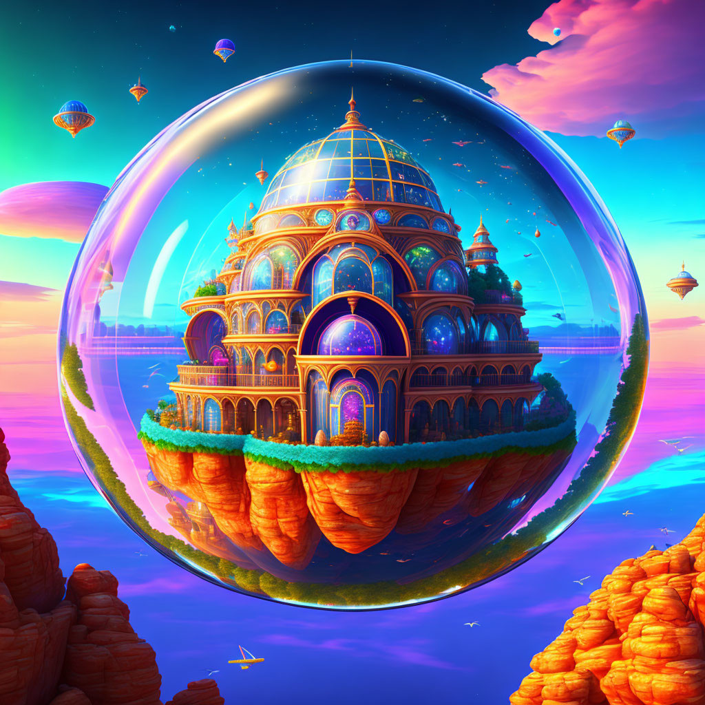 Transparent bubble palace floating above rocky terrain at sunset