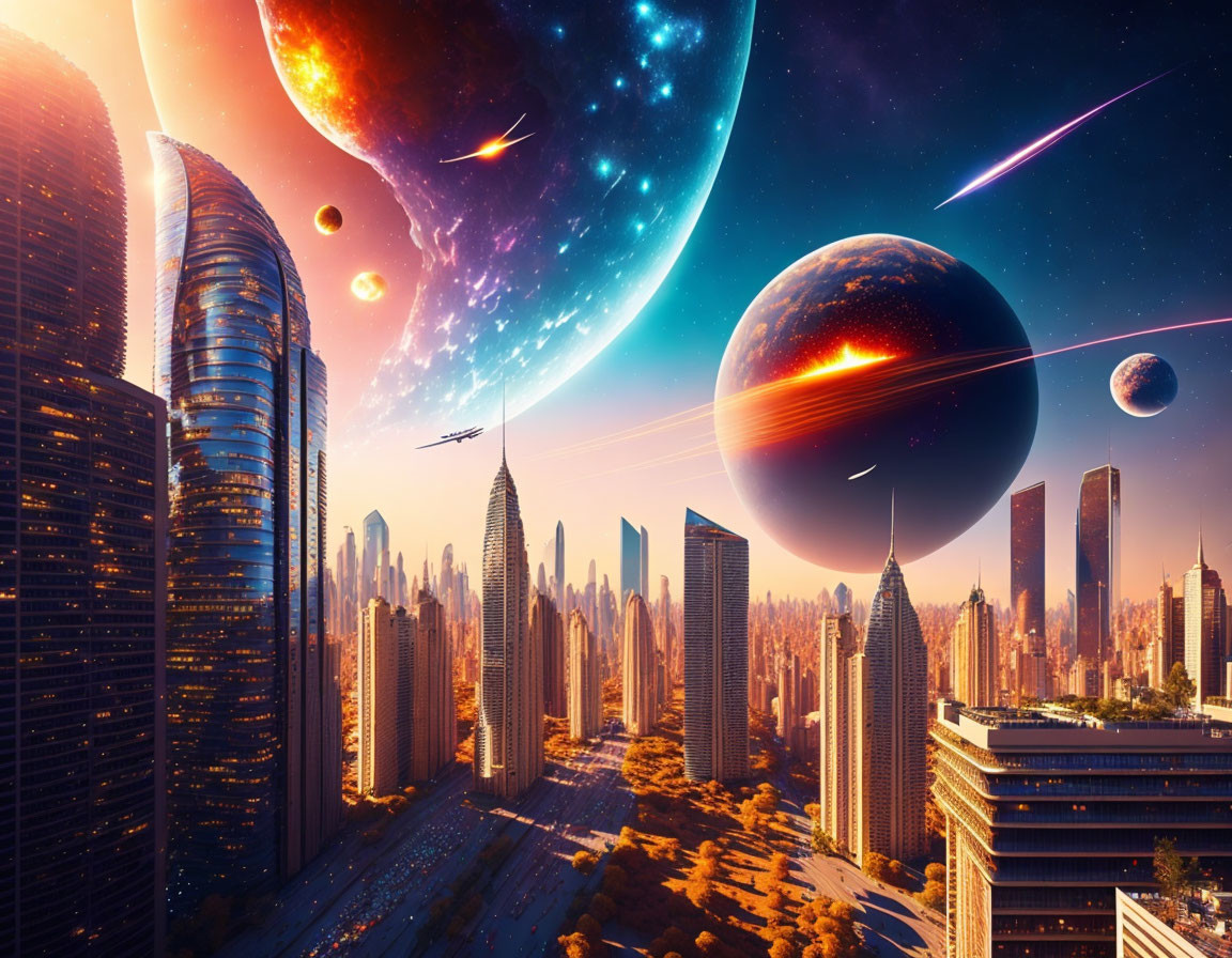 Dramatic futuristic cityscape with celestial bodies and shooting stars