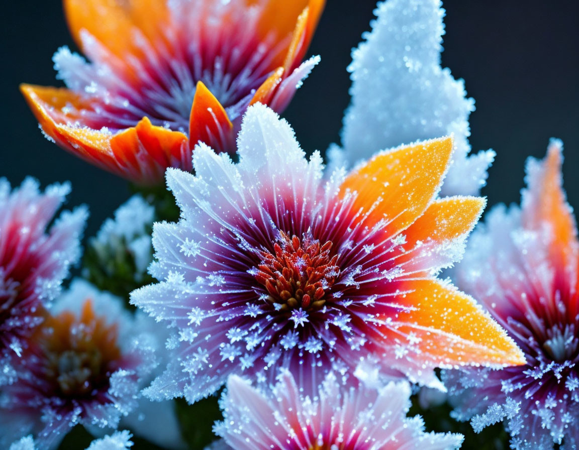 Orange and Purple Flowers with Frost Crystals on Dark Background