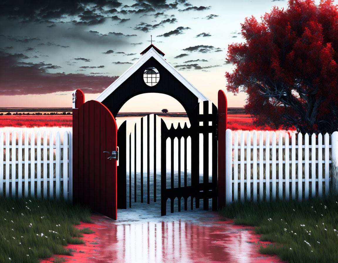 Ornate gate and red sunset with foliage and picket fence