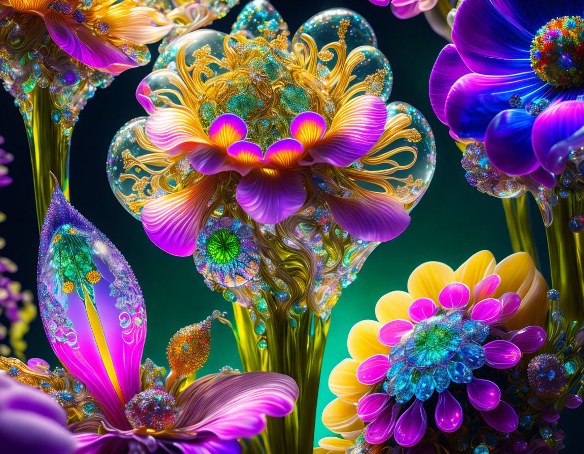 Colorful fractal flowers in blue, purple, gold, and pink bloom in a surreal digital garden