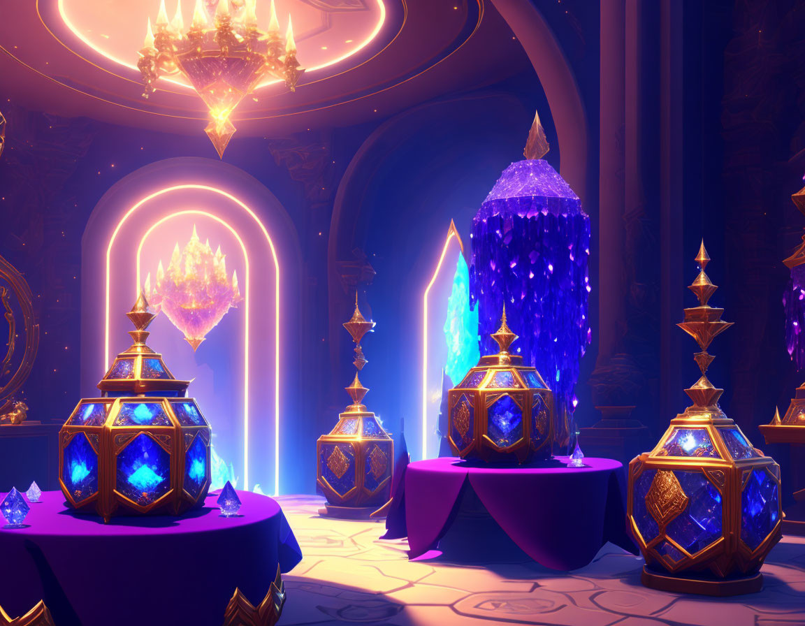 Luxurious interior with glowing crystals and golden decor under purple light