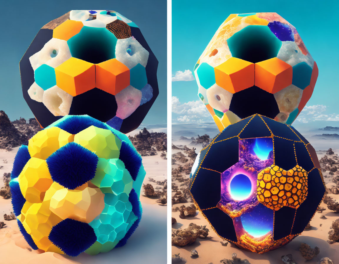 Spherical desert structures with honeycomb patterns in cool and vibrant colors