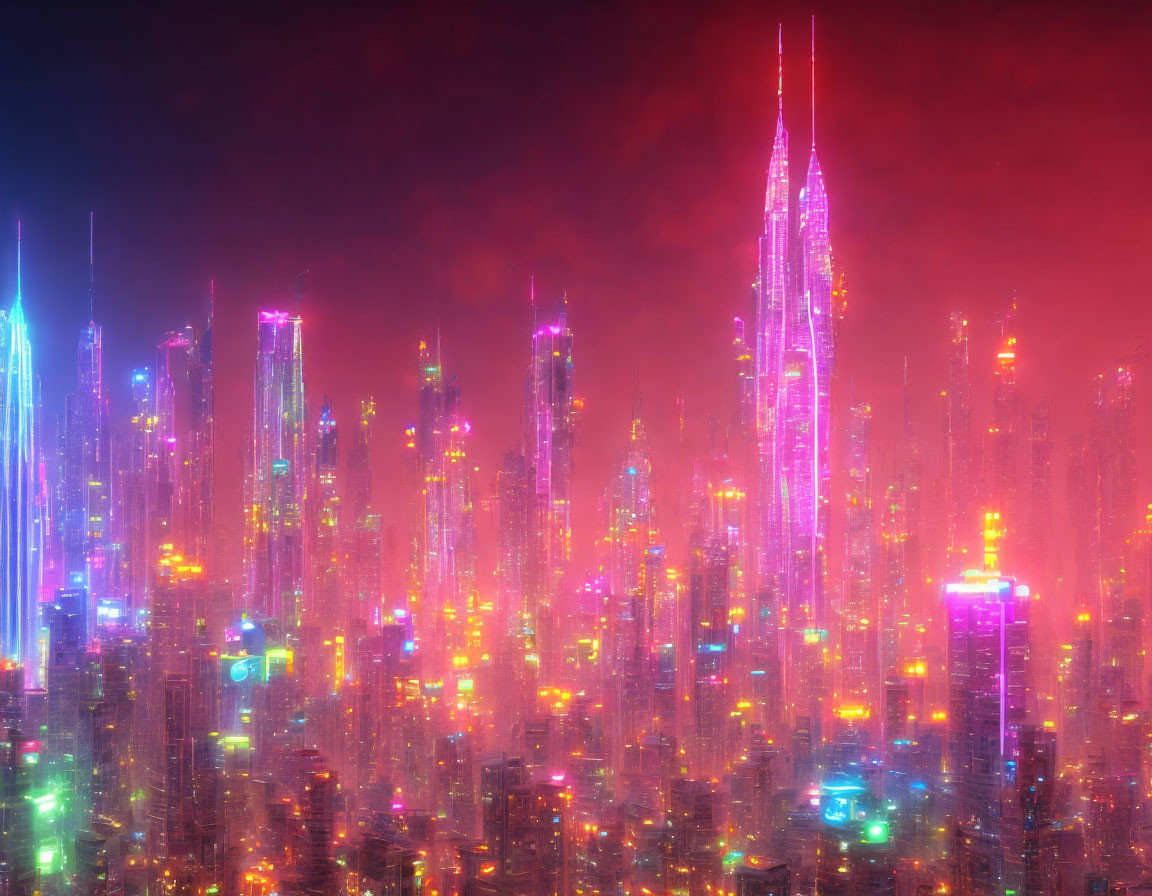 Futuristic neon-lit cityscape with towering skyscrapers