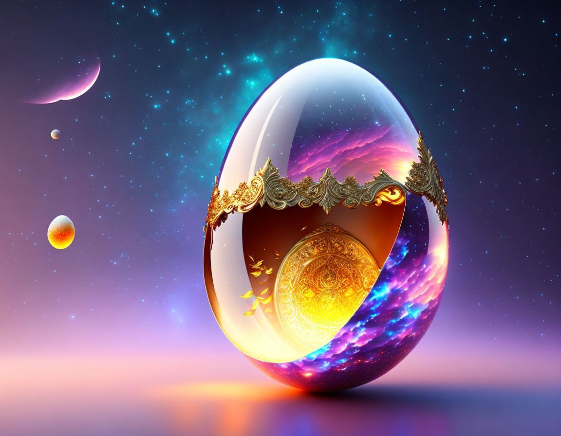 Digital artwork: Ornate golden egg in cosmic setting