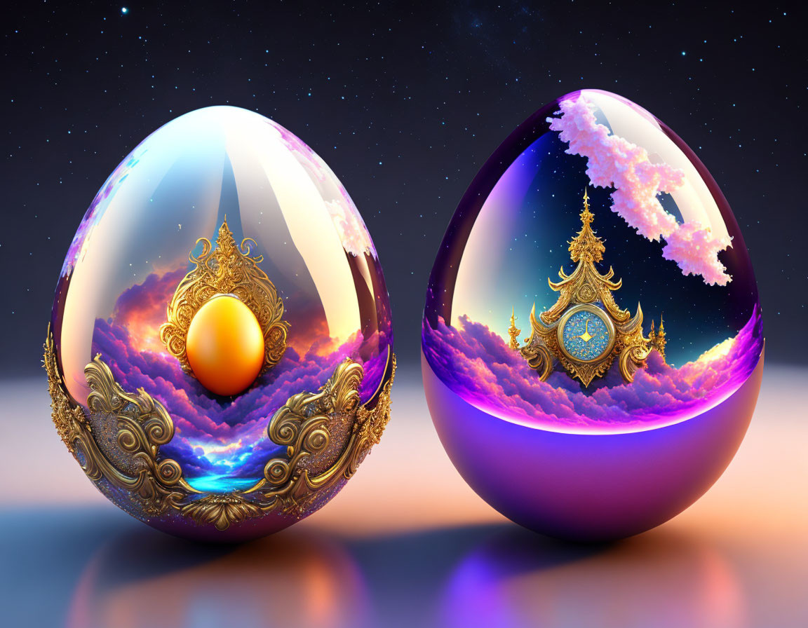 Ornate egg-shaped objects with celestial designs in twilight sky