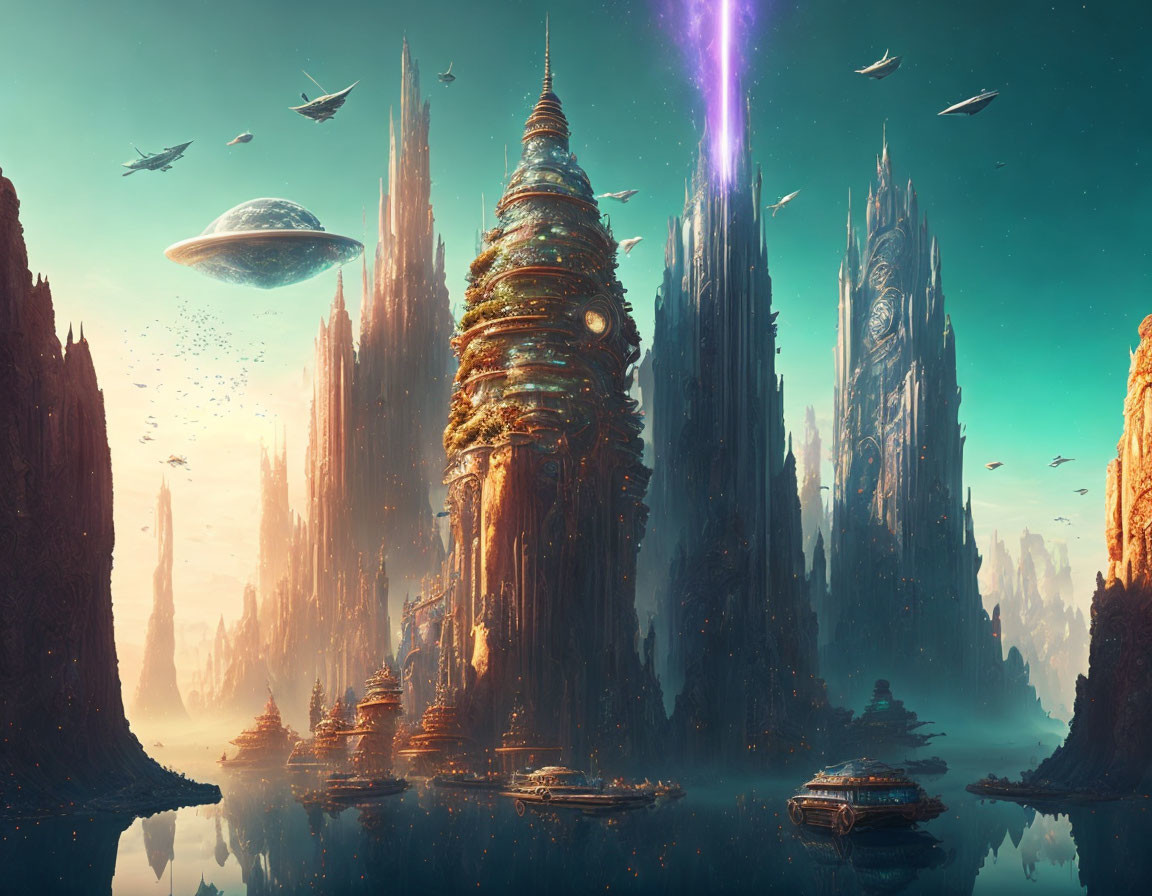 Futuristic cityscape with towering spires and spacecraft in sunset sky