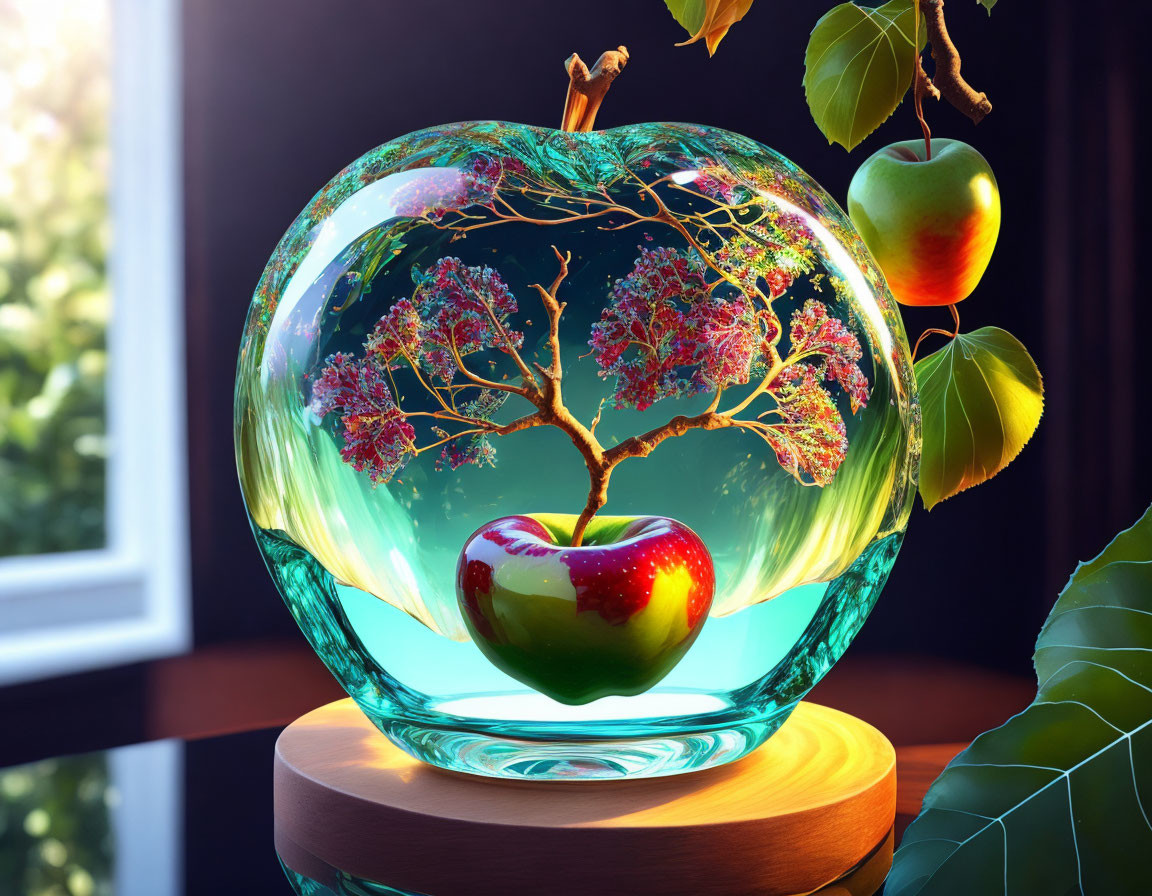 Vivid image of apple tree in heart-shaped enclosure by window