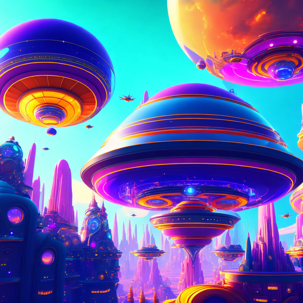 Futuristic cityscape with floating spherical structures and illuminated buildings