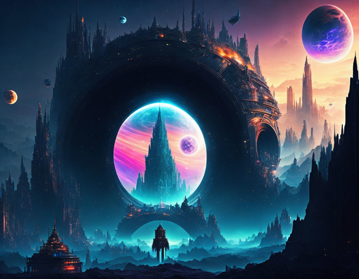 Colorful sci-fi landscape with giant ring structure and glowing celestial bodies