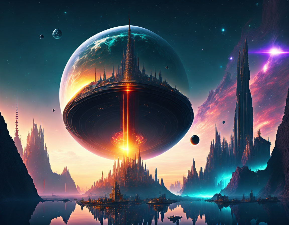 Colossal alien spaceship over vibrant sci-fi planet